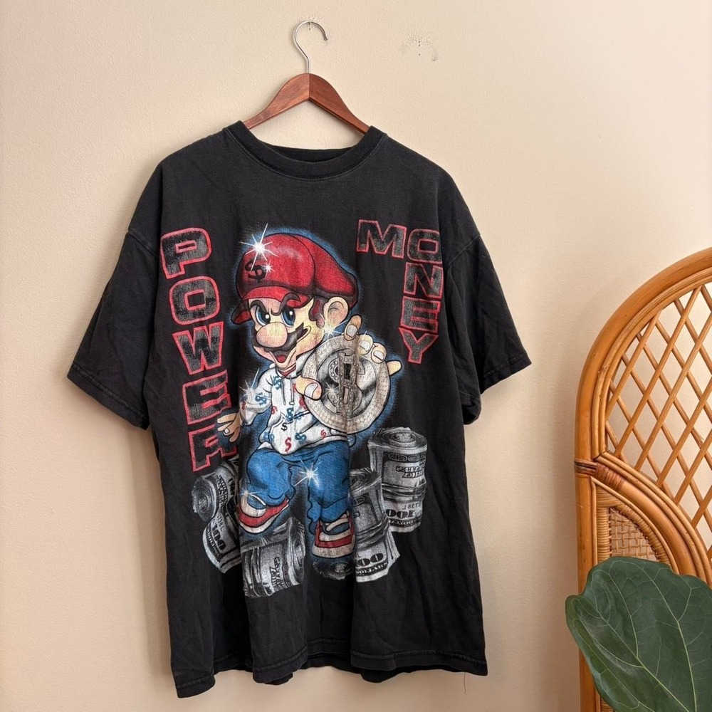 Rare Vintage Y2K Gangster Bling Super Mario "Power, Money" Faded Graphic T Shirt